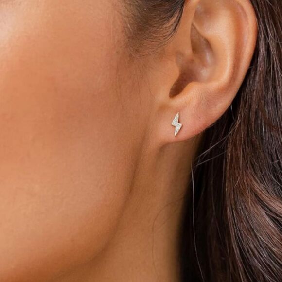 New CZ Gold over 925 Sterling Silver Lighting Bolt Stud Earrings - Picture 1 of 11